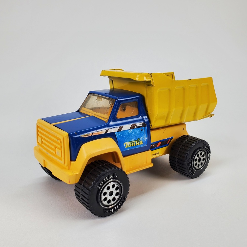 Vintage Tonka Mighty Dump Truck Yellow Blue Pressed Steel Construction Toy
